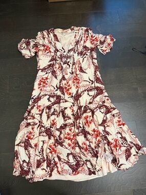 Daniel Cremieux Cream Midi Dress with Red and Burgundy Floral Print